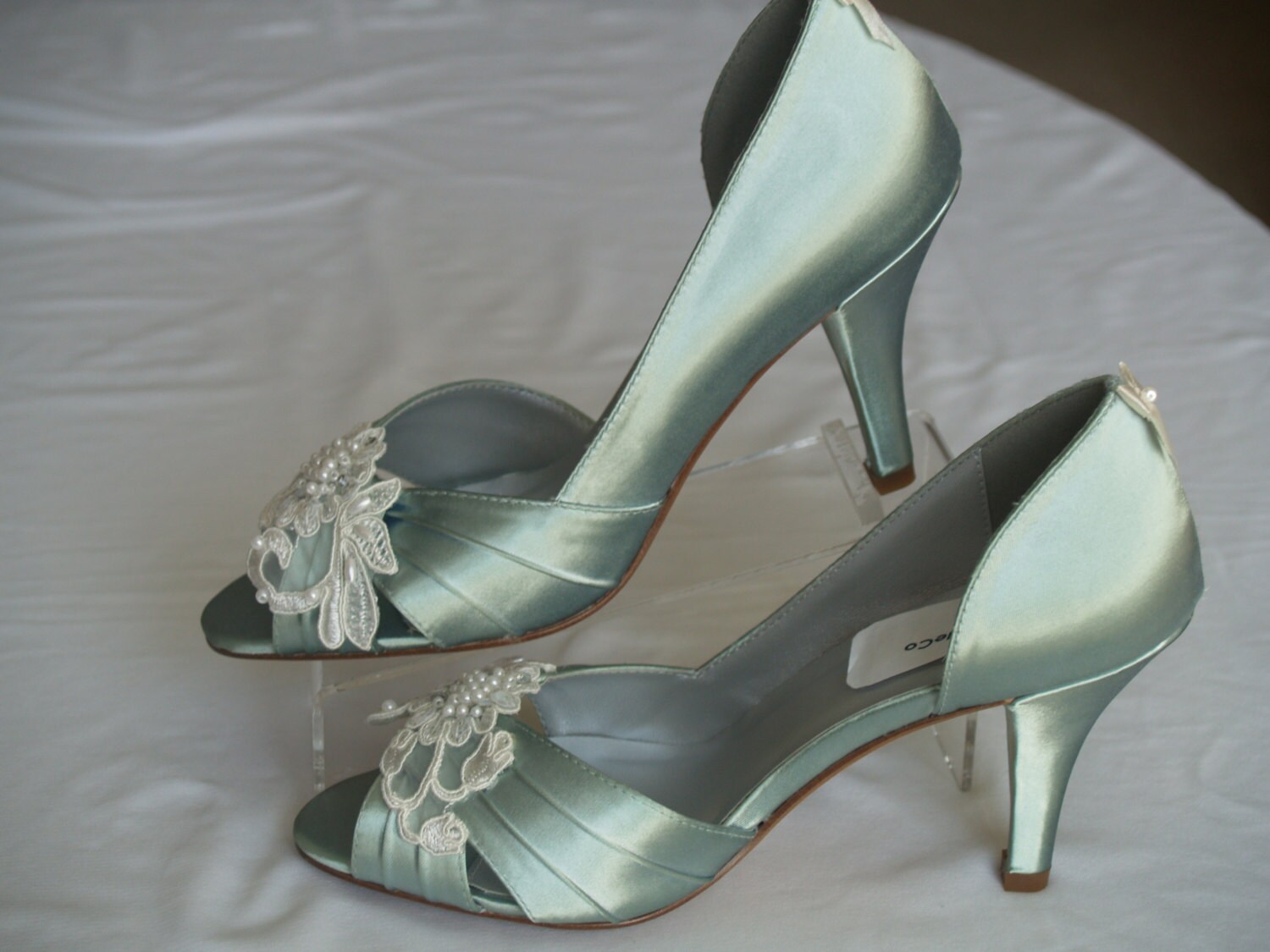 Brides Sage Wedding Shoes With Beautiful Ivory or White Appliqu