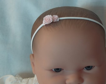 Preemie Headband pink roses sizes up to 12 Mo, baby stretch head band small pink rosette flower, baby girl hair accessory, baby girl gift