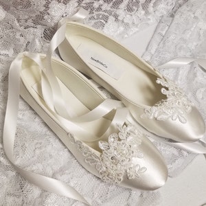 Bride Off White Wedding Flats,Off-white Satin Shoes,Lace Applique with Pearls,Lace Up Ribbon Ballet Style Slipper, Comfortable Wedding Shoes image 9