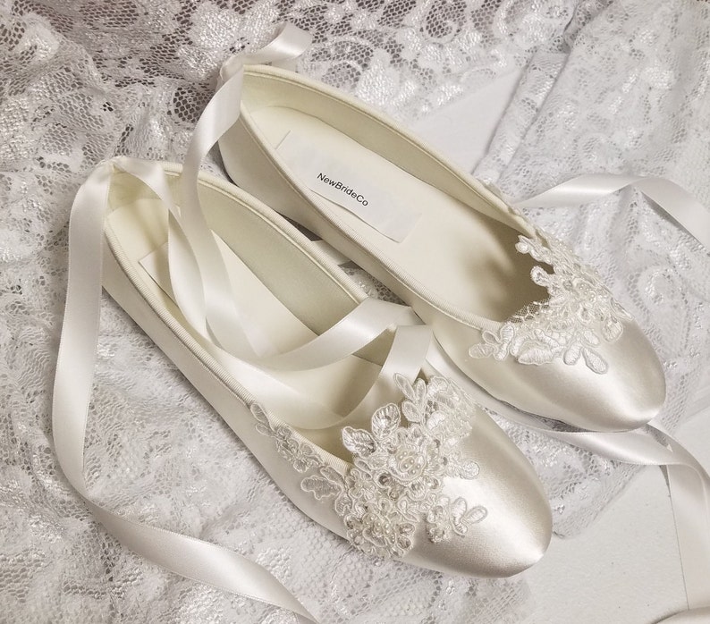 Bride Off White Wedding Flats,Off-white Satin Shoes,Lace Applique with Pearls,Lace Up Ribbon Ballet Style Slipper, Comfortable Wedding Shoes image 9
