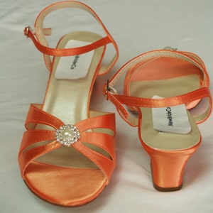 Orange WEDDING Shoes B and W width comfortable heel 200 colors, Short Thick Heel, Satin Open Toe Sandals, Crystals and Pearls, Wide Width