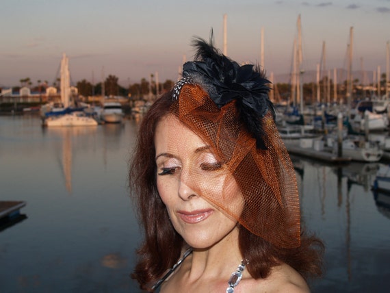 Fall Ladies Fascinator Elegant Black Silk Flower on Orange  display picture 3