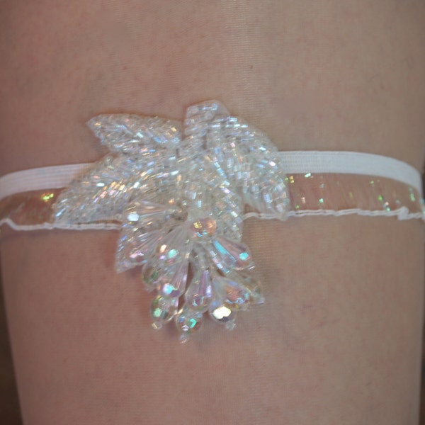 Wedding Garter borealis white handmade, Old Hollywood Glamor, Single Garter to keep, Beautiful Iridescent Beadwork, Great Gatsby, Romantic