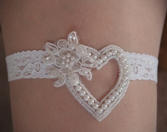 Wedding Garter pearls heart Handmade,Pearl Heart garter,Heart Shaped, Garter Belt, Single Garter, Romantic, Honeymoon,Bachelorette,Gift