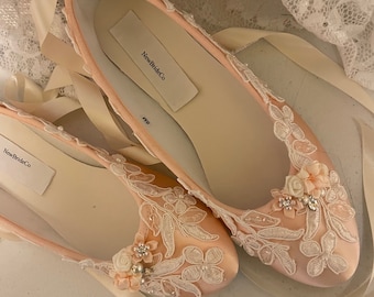 Peach Ivory Ballerina style Shoes Satin with beautiful Lace Appliqué Crystals Pearls, Brides Blush Lace Up Ribbon Ballet Style Slippers