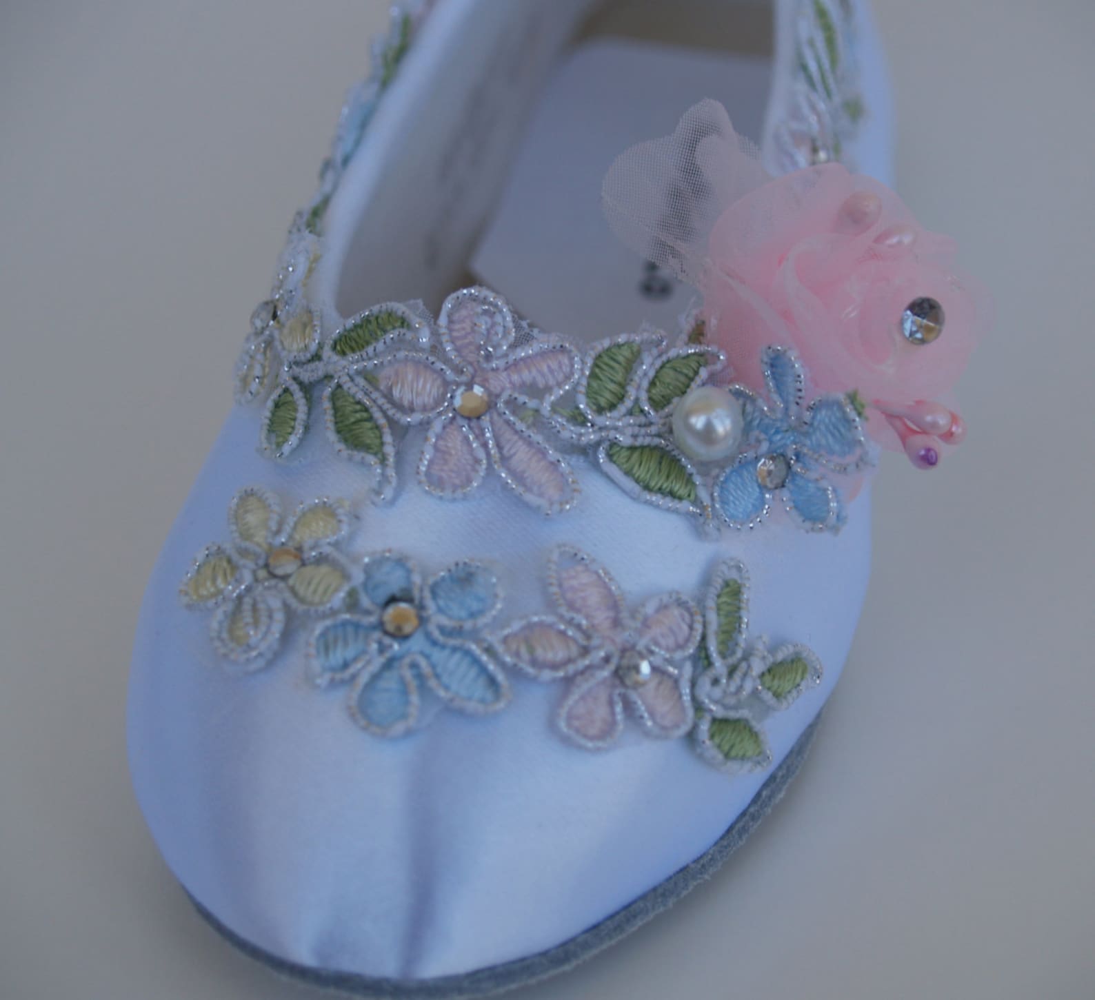 pastel flower girls shoes white satin flats, girls ballet style slippers, closed toe flats, pink, whimsical, woodland,garden chi