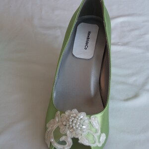 Wedge Shoes Apple Green w/ Lace Flower & Pearl Appliqué,Peep Toe Wedding Satin wedge Shoes,Prom green wedge shoes, Shoes Mother of the Bride image 5