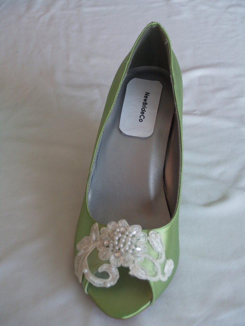 Wedge Shoes Apple Green w/ Lace Flower & Pearl Appliqué,Peep Toe Wedding Satin wedge Shoes,Prom green wedge shoes, Shoes Mother of the Bride image 5