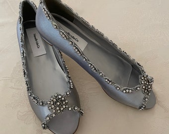Silver Wedding Flats: Satin Peep Toe Shoes with Pearls & Crystals, US Size 8