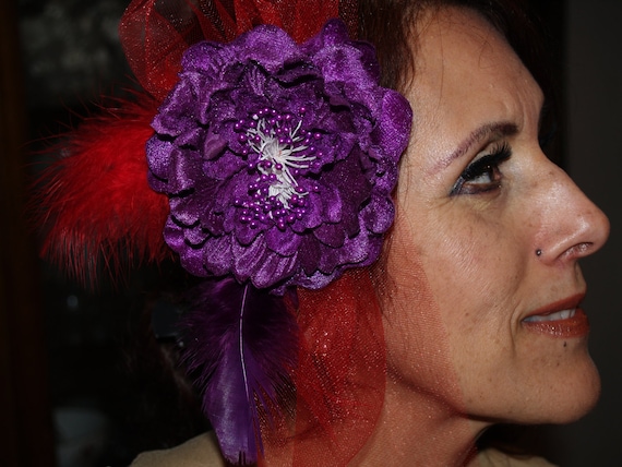 Red and purple feather fascinator Red and Purple Large Feather Fascinator Hat With Rhinestones  main image 2