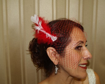 Valentines Wedding Fascinator, Arrow & Heart Red Birdcage Veil, Red Wedding, Hat Society, Fascinator, Holiday Comb, Festive Hair Accessory