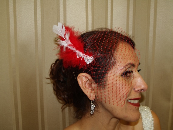 Valentines Wedding Fascinator, Arrow & Heart Red Birdcage  display picture 1