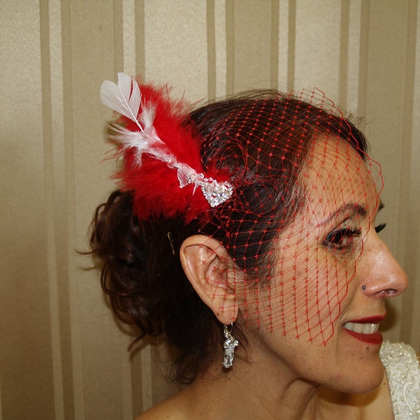 Valentines Wedding Fascinator, Arrow & Heart Red Birdcage Veil, Red Wedding, Hat Society, Fascinator, Holiday Comb, Festive Hair Accessory