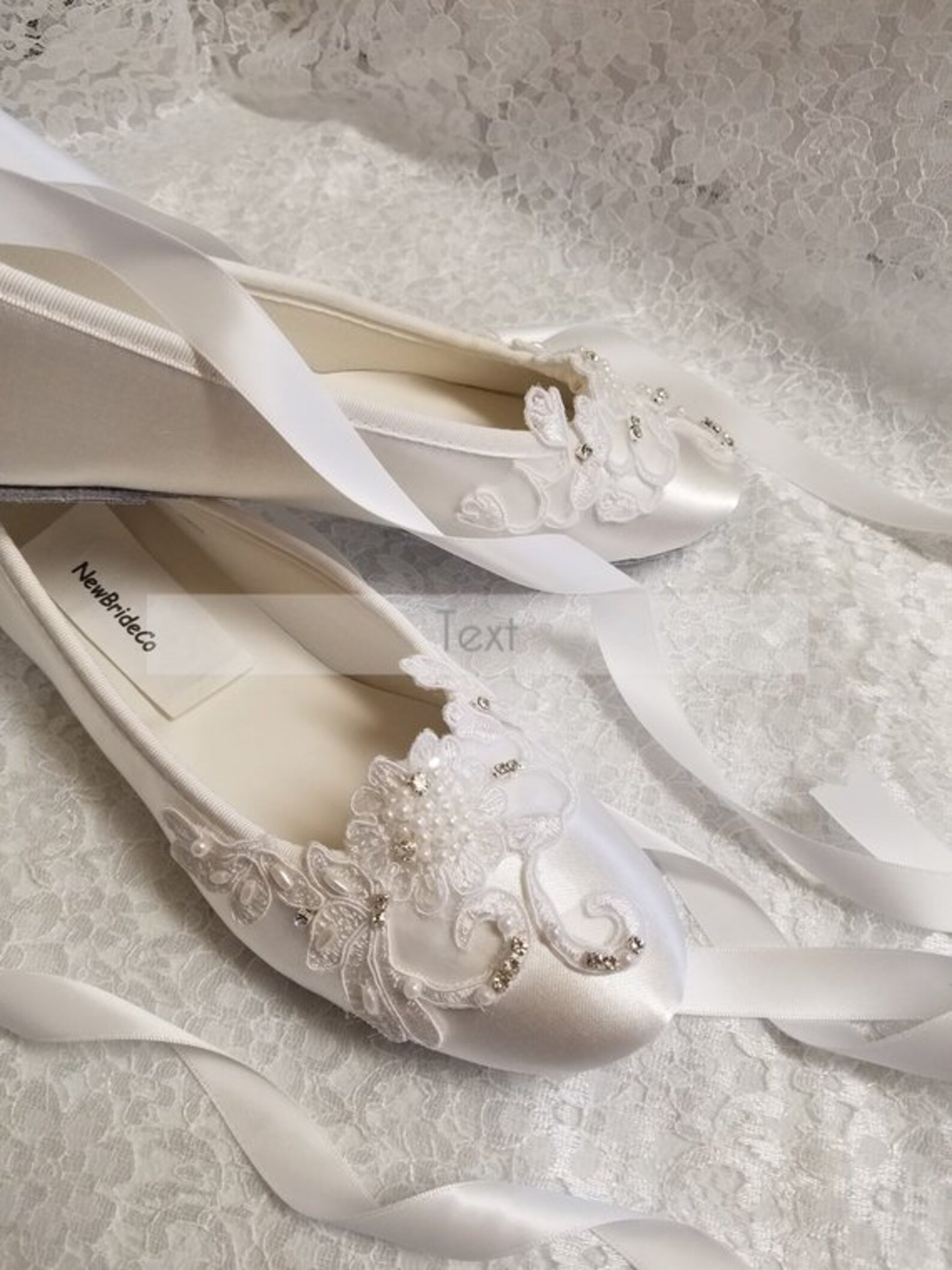 brides white wedding flats, satin ivory shoes, lace applique with pearls, lace up ribbon ballet style slipper, comfortable weddi