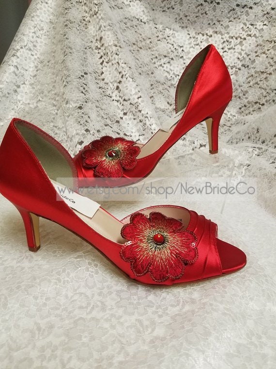 Red evening cheap shoes low heel