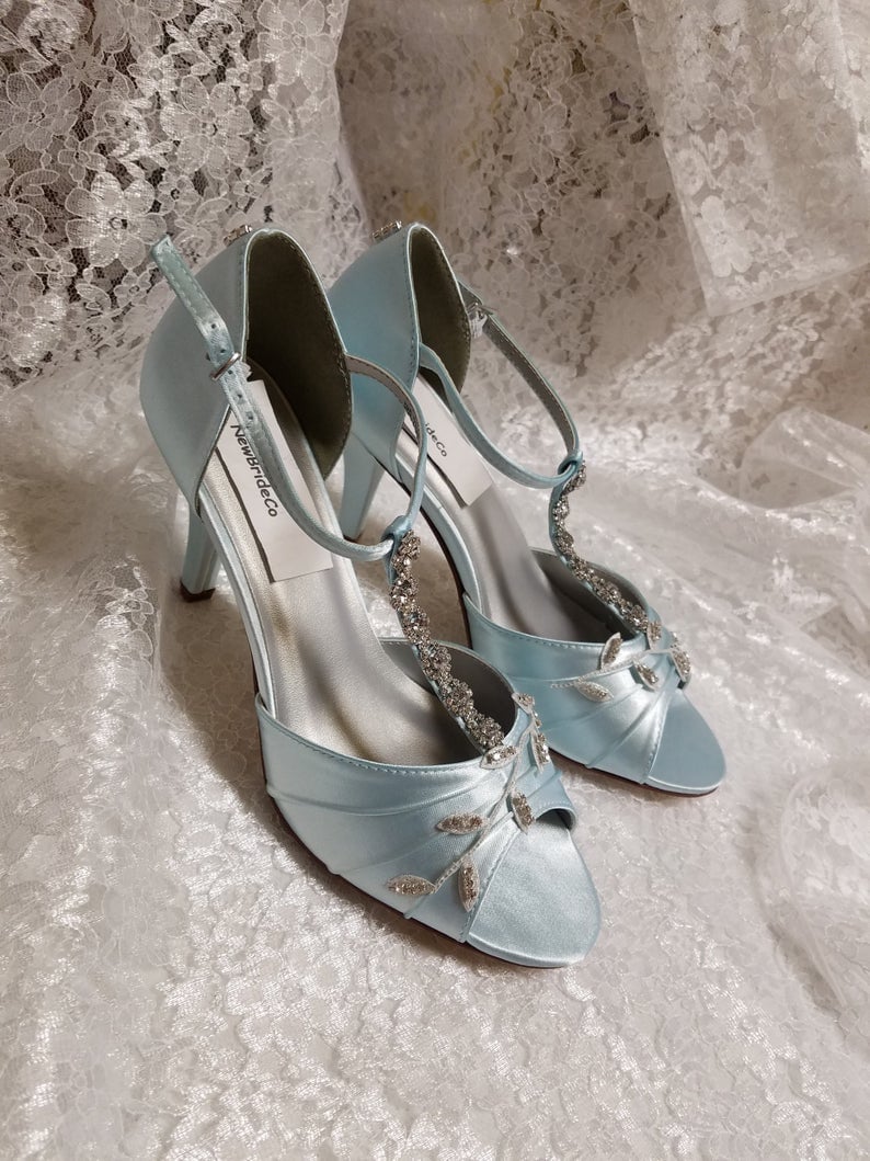 Blue Wedding Shoes Royal Blue with Silver Swarovski Crystals, peep toe, covered heel ankle strap, hand dyed satin, bling , satin heels Powder blue