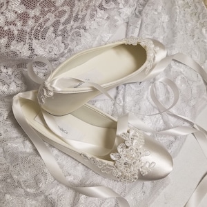 Bride Off White Wedding Flats,Off-white Satin Shoes,Lace Applique with Pearls,Lace Up Ribbon Ballet Style Slipper, Comfortable Wedding Shoes image 2