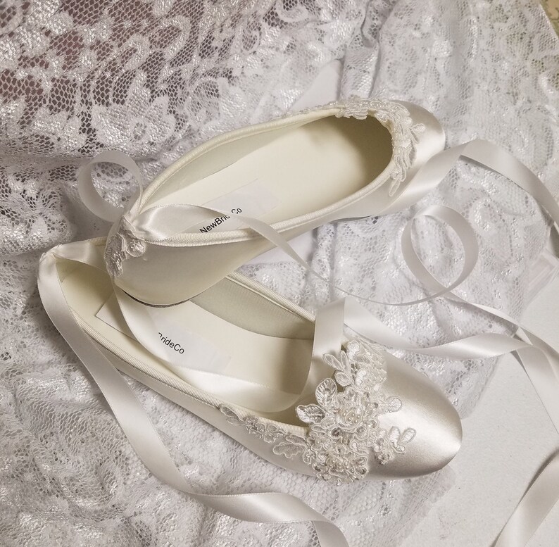 Bride Off White Wedding Flats,Off-white Satin Shoes,Lace Applique with Pearls,Lace Up Ribbon Ballet Style Slipper, Comfortable Wedding Shoes image 2