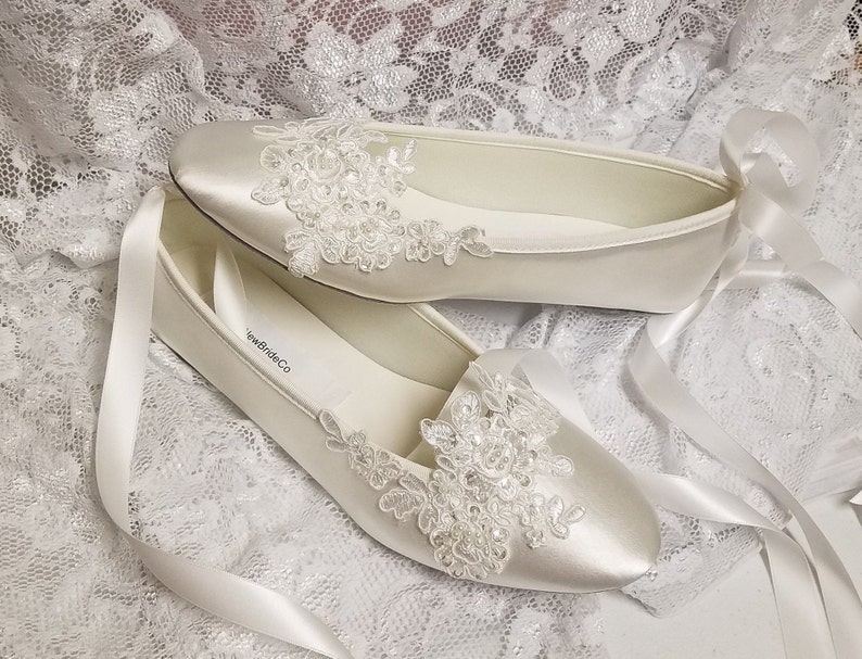 Bride Off White Wedding Flats,Off-white Satin Shoes,Lace Applique with Pearls,Lace Up Ribbon Ballet Style Slipper, Comfortable Wedding Shoes image 7