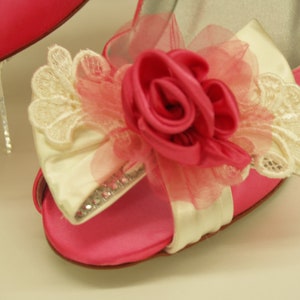 Size 8 1/2 Hot Pink Satin Pumps Ready to ship,Peep Toe Heels with Lace Appliqué Ivory Bow, 3&#39;&#39; heels pink Pop of Color Comfortable Style