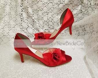 Red Satin Rose Wedding Shoes Sexy Heels,sexy heel shoes, 3 1/2" Open toe red shoes,Red Shoes,Classic Heels,crimson satin,Red Wedding,Holiday