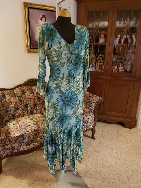 Vintage Blue Green Dress with 3/4 Sleeves Beaded Flower Print, Cut Bias Dress Great Fit, Size Medium Blue Green Dress