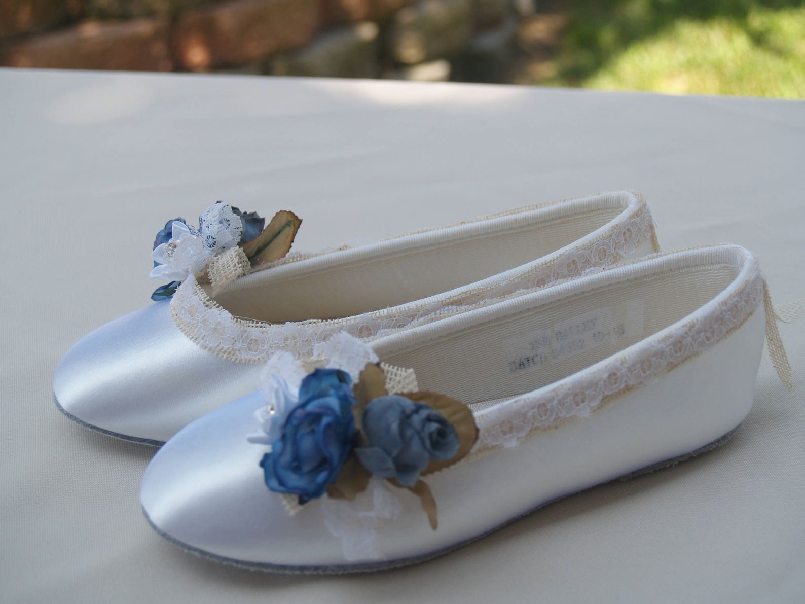 wedding flats blue flowers and burlap edging, ivory or white satin shoes, something blue wedding flats, lace up ribbon, ballet s