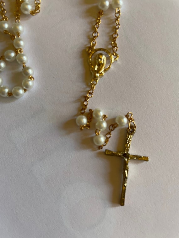 Baptism White/Gold Rosary beads, Communion Rosary… - image 1