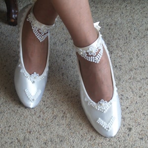 Tie Around Ankle Bridal Wedding Victorian Flats,Fine US Lace pearls & crystals embellished, Wedding flat shoes Edwardian, Renaissance, Satin image 1