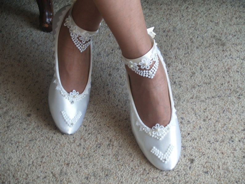 Tie Around Ankle Bridal Wedding Victorian Flats,Fine US Lace pearls & crystals embellished, Wedding flat shoes Edwardian, Renaissance, Satin image 1