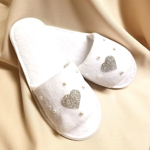 Brides bedroom Slippers white with rhinestones hearts and pearls,White Bridal Slippers, Brides Comfort,Bridal Shower Gift,Wedding Slippers