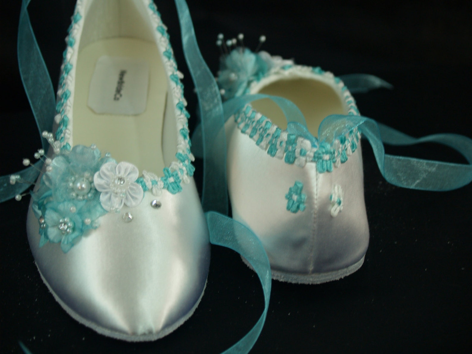 flat shoes aqua blue trims on ballet style slipper - aqua blue flat shoes, white satin flats, ribbon lace up flats, something bl