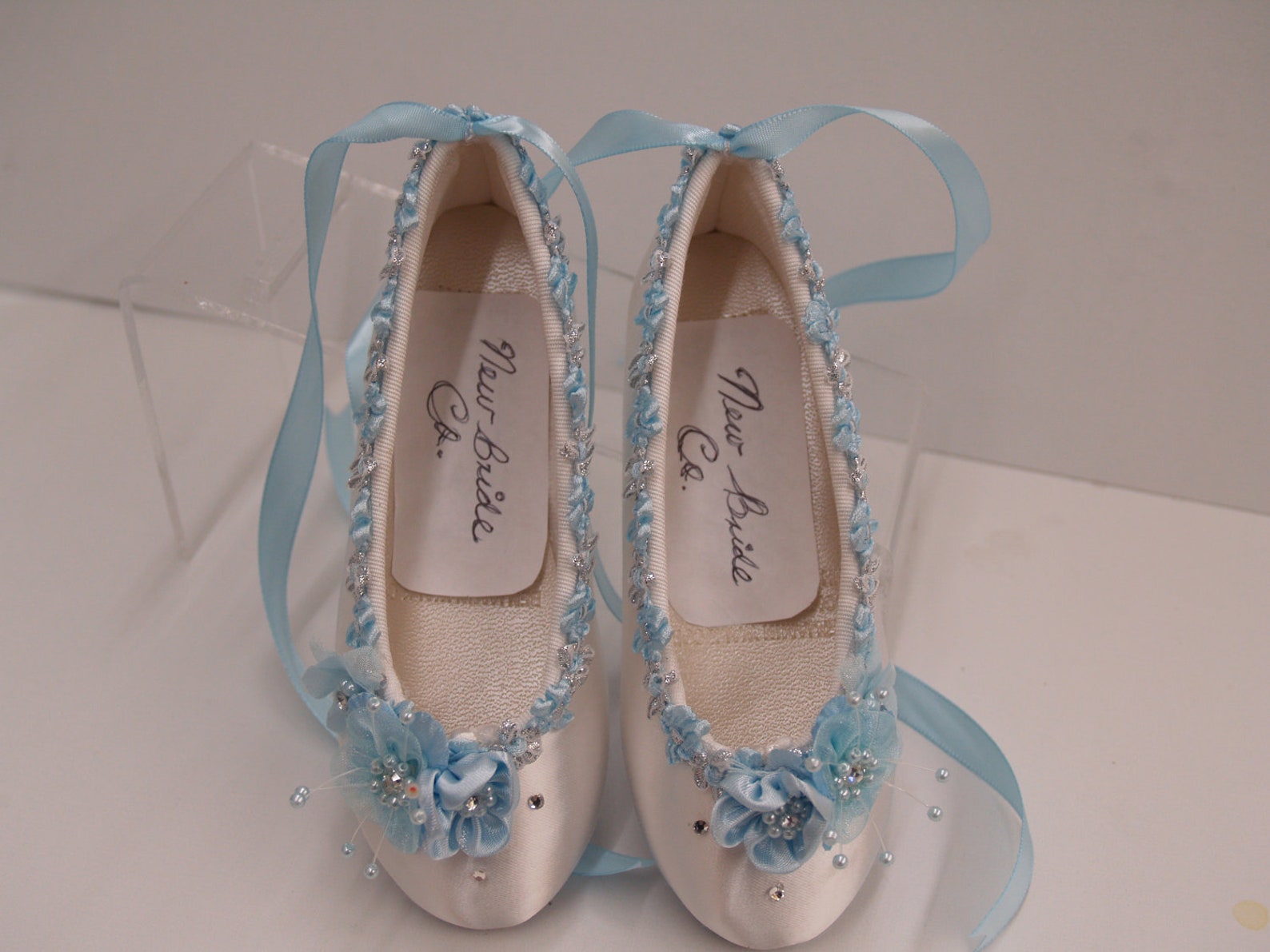 size 7 1/2 flower girl ballet style slipper blue white silver ready to ship,girls shoes,lace up ribbon,ballet style flats,light