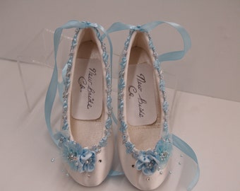 COMMUNION Girls SHOES Ballet Style Slipper Blue White Silver,White Girls Shoes Lace Up Ribbon Ballet style,Light Blue Flowers girls shoes