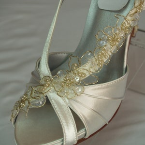 IVORY Wedding Shoes or WHITE with lace, Ivory bridal shoes,White open toe shoes hand dyed satin heels pearls and lace, Old Hollywood Glamour image 3