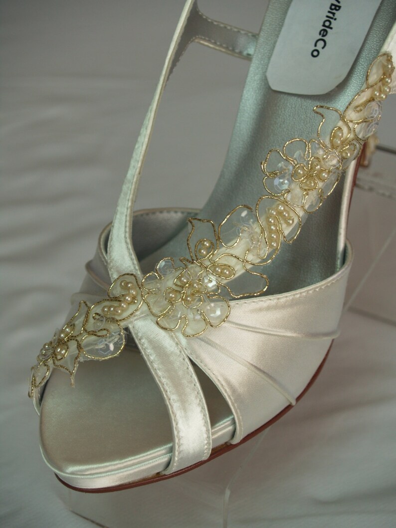 IVORY Wedding Shoes or WHITE with lace, Ivory bridal shoes,White open toe shoes hand dyed satin heels pearls and lace, Old Hollywood Glamour image 3