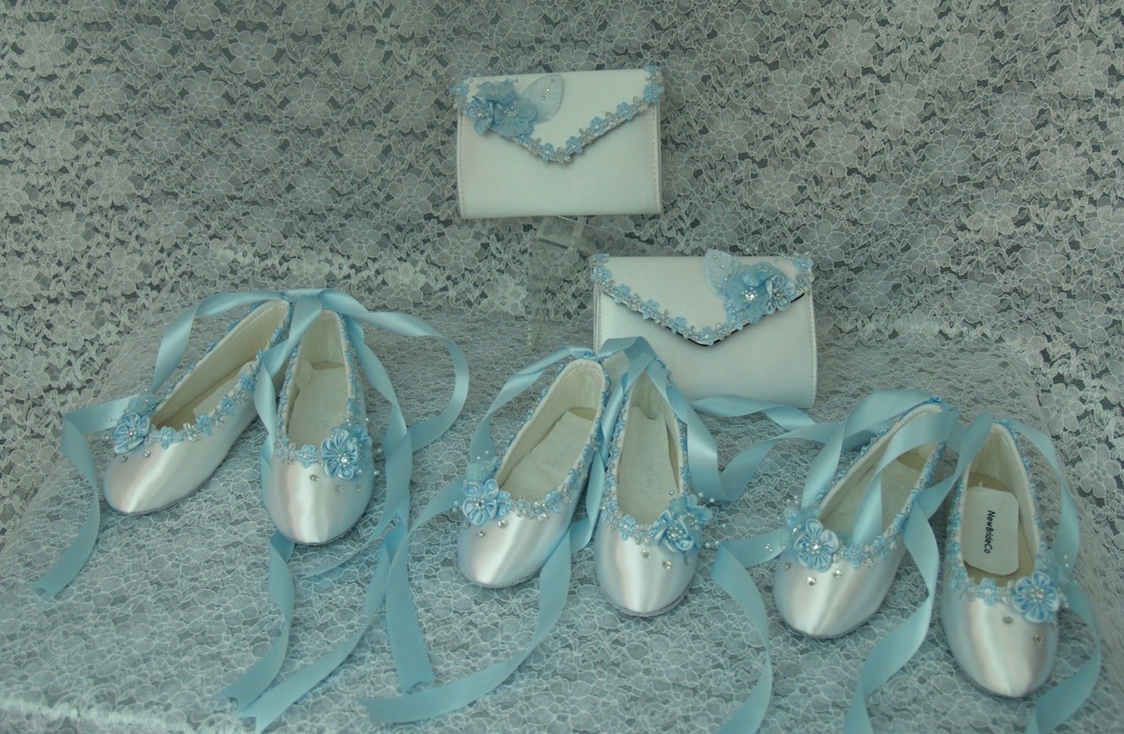 size 7 1/2 flower girl ballet style slipper blue white silver ready to ship,girls shoes,lace up ribbon,ballet style flats,light