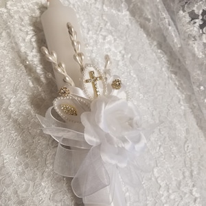 White GOLD Baptism Candle beautiful Vintage asares white flowers,Communion candle, Christening, Presentation Ceremony Traditions, Girl