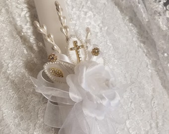 White GOLD Baptism Candle beautiful Vintage asares white flowers,Communion candle, Christening, Presentation Ceremony Traditions, Girl