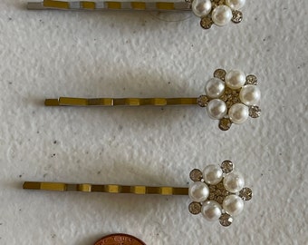 Rhinestones and pearls bobbie pin silver or gold for Brides bridesmaids flower girls prom communion confirmation hair accessories