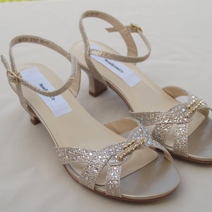 Girls Gold shimmer Shoes with Crystals - flower girls shoes, low heel 1 1/2&quot;, Pageant Wear, First Dance