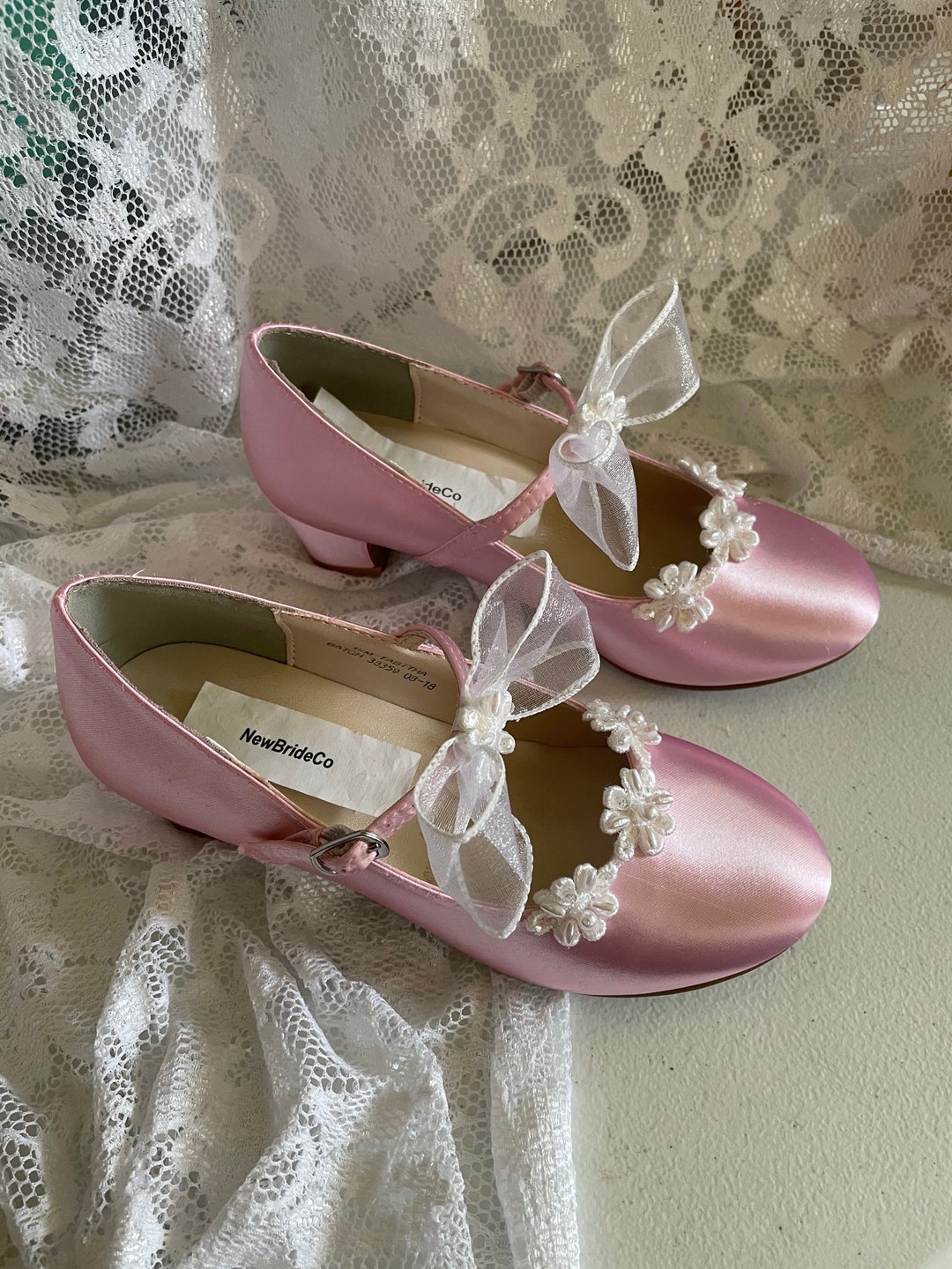 Pink Girl Mary Jane Shoes Beaded Flowers Appliques, White Plus More