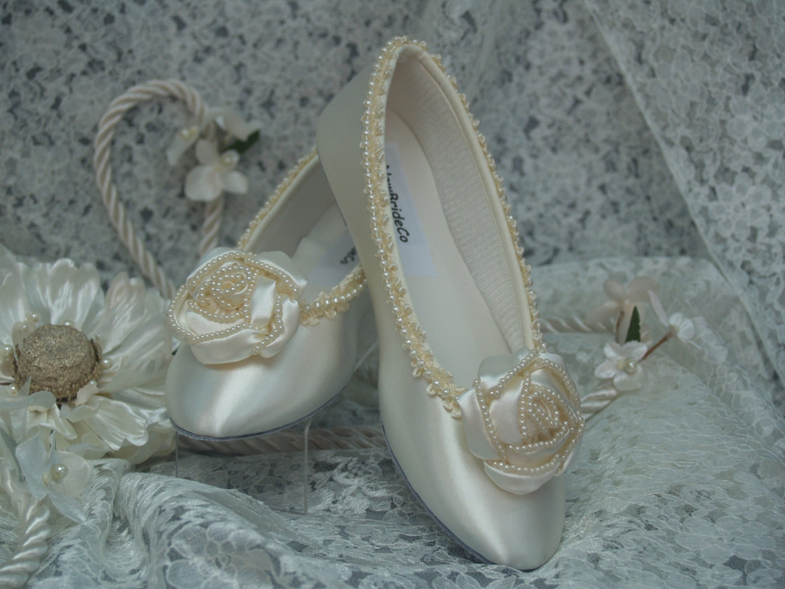 wedding ivory flats fancy pearls satin rossette, ballet style slipper, comfortable ivory shoes, fabric rose, pearl trimmed, sati