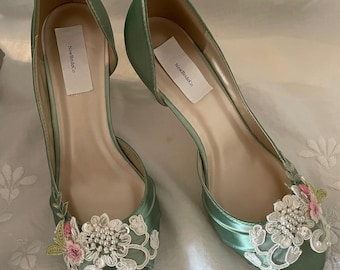 Sage Green Wedding Shoes: Floral Appliqué Satin Peep Toe Heels