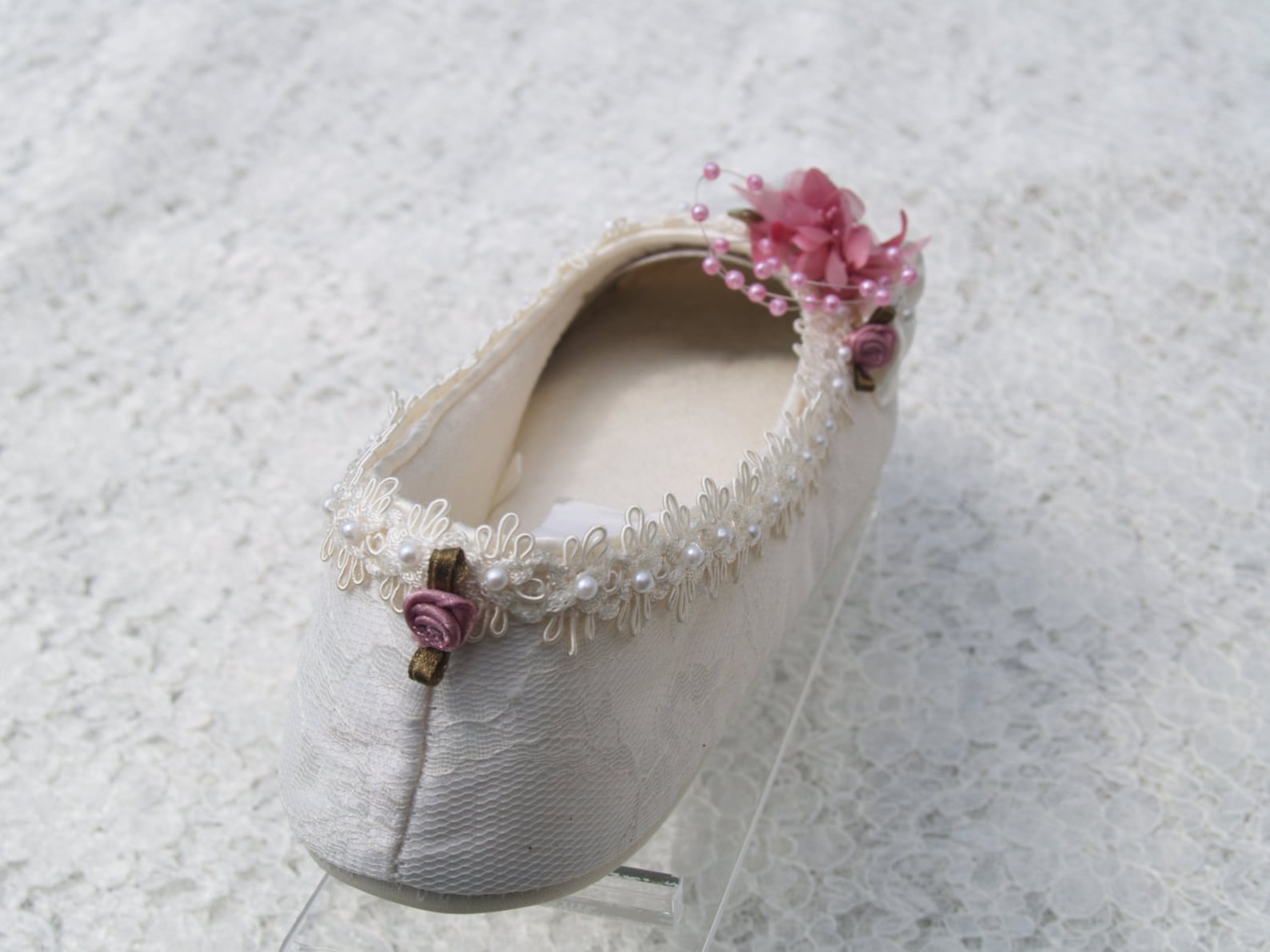 size 5 wedding ivory flats vegan rose shoes ready to ship embellished w pearls gimp edge,gorgeous victorian style ballet slipper