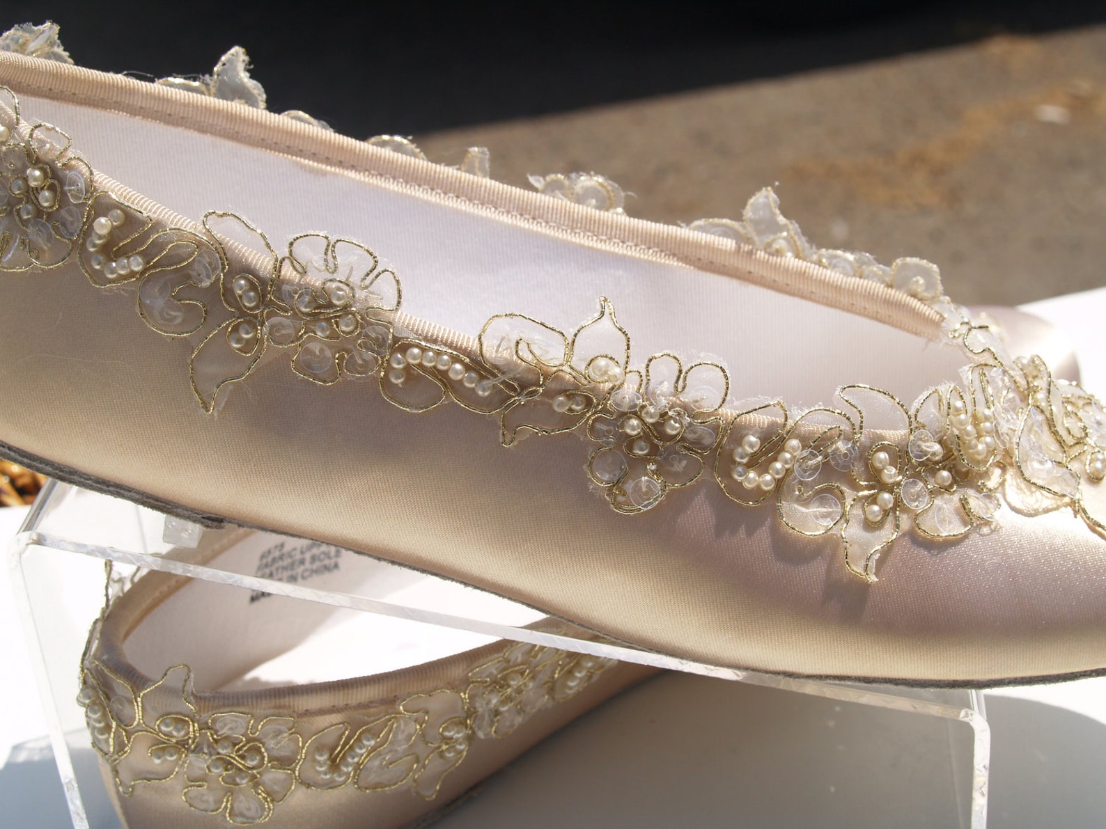 size 9 & 10 champagne wedding flats bridal shoe elegant gold trimmed,bridal flat shoes,satin ballet style slipper,romantic,ready size 9 & 10 champagne wedding flats bridal shoe elegant gold trimmed,bridal flat shoes,satin ballet style slipper,romantic,ready