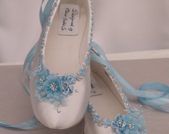 Blue Wedding Flats Satin Shoes - Blue Bridal Flat shoes, Brides Something Blue trimmed Wedding FLAT Shoe, Blue Flowers Lace Up Slipper