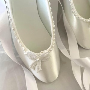 White Satin Ballet Style Slippers w lace bow & pearls, White minimalist Wedding Flat shoes, Bridal White Slippers Pearl Trim, Lace Up Ribbon