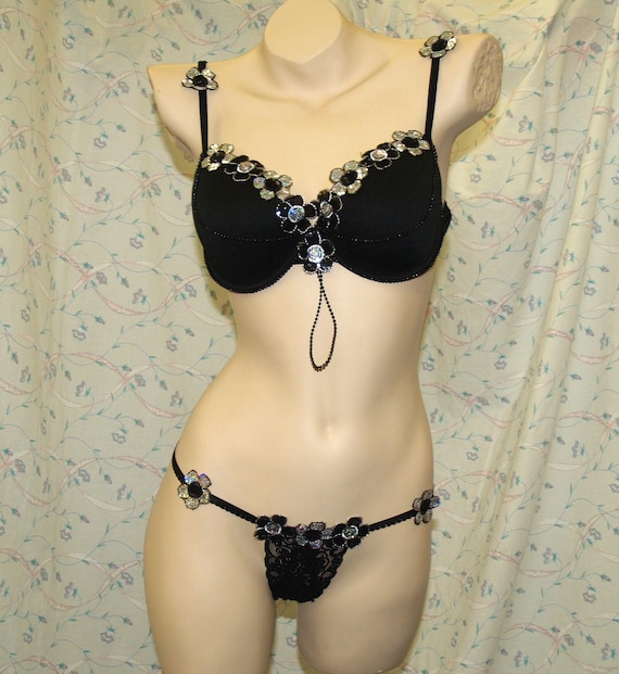 Lingerie Black and Sexy Bra and Thongs Set, Flowers Pearls - Sale Lingerie,  Black Pearls, Burlesque, G String, Wedding Night,bra and Panties
