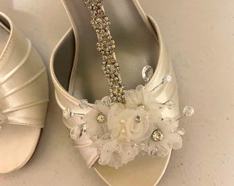 Ivory Wedding Heels: Satin T-Strap Shoes with Silver Crystals